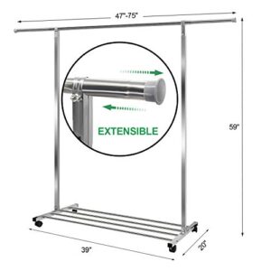 Heavy Duty Large Rolling Garment Rack Stainless Steel Clothes Hanging Rack Commercial Grade Clothes Drying Rack Hanger Extendable 47"-75" Adjustable Clothing Organizer w/Golves 4 Casters 10 Hook