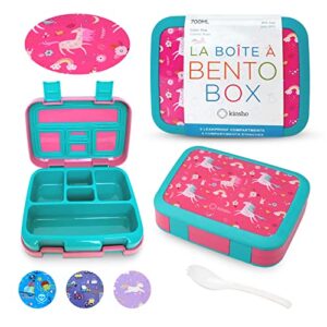 unicorn bento lunch box for girls toddlers, 5 portion control sections, bpa free removable plastic tray, pre-school kid toddler girl daycare lunches, snack container ages 3 to 7 pink