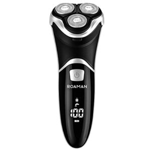 men electric razor, roaman rechargeable corded and cordless electric shaver for men with pop-up trimmer, wet dry ipx7 waterproof led display 100-240v
