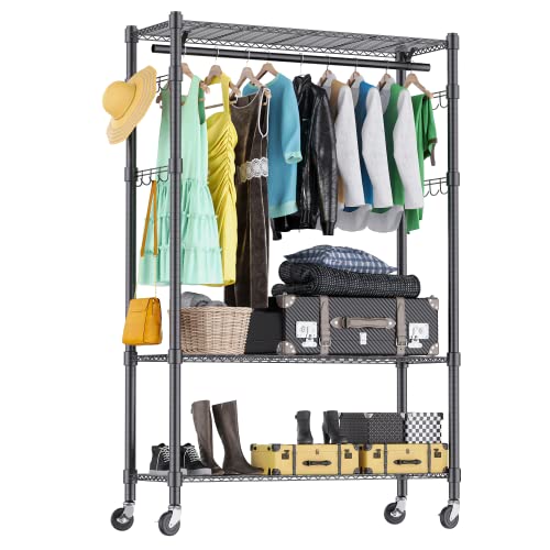 BATHWA Heavy Duty Clothes Rack Garment Rack Clothing Racks for Hanging Clothes 3 Tier Wardrobe Rack Clothing Storage Rack with 360° Lockable Wheels, 1 Hanging Rod and 4 Hooks, 190 cm/74.8'' Height