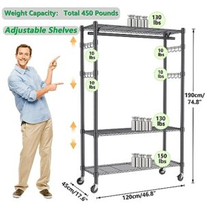 BATHWA Heavy Duty Clothes Rack Garment Rack Clothing Racks for Hanging Clothes 3 Tier Wardrobe Rack Clothing Storage Rack with 360° Lockable Wheels, 1 Hanging Rod and 4 Hooks, 190 cm/74.8'' Height