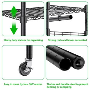 BATHWA Heavy Duty Clothes Rack Garment Rack Clothing Racks for Hanging Clothes 3 Tier Wardrobe Rack Clothing Storage Rack with 360° Lockable Wheels, 1 Hanging Rod and 4 Hooks, 190 cm/74.8'' Height