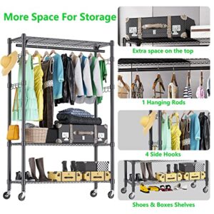 BATHWA Heavy Duty Clothes Rack Garment Rack Clothing Racks for Hanging Clothes 3 Tier Wardrobe Rack Clothing Storage Rack with 360° Lockable Wheels, 1 Hanging Rod and 4 Hooks, 190 cm/74.8'' Height