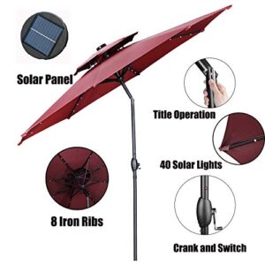 Klismos 10 ft 2 Layers Patio Umbrella with 40 Lights Windproof Outdoor Market Table Umbrella with Ventilation,Tilt and Crank(Red)