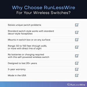 RunLessWire Fan & Light Wireless Switch & Receiver Kit with Infinite Battery No WiFi or Batteries Needed 150+ft RF Range DIY Pre-Programmed Remote Control - 2 Receivers, 1 Double Switch - White