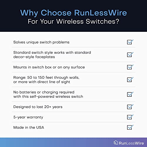 RunLessWire Fan & Light Wireless Switch & Receiver Kit with Infinite Battery No WiFi or Batteries Needed 150+ft RF Range DIY Pre-Programmed Remote Control - 2 Receivers, 1 Double Switch - White