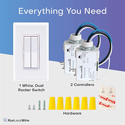 RunLessWire Fan & Light Wireless Switch & Receiver Kit with Infinite Battery No WiFi or Batteries Needed 150+ft RF Range DIY Pre-Programmed Remote Control - 2 Receivers, 1 Double Switch - White