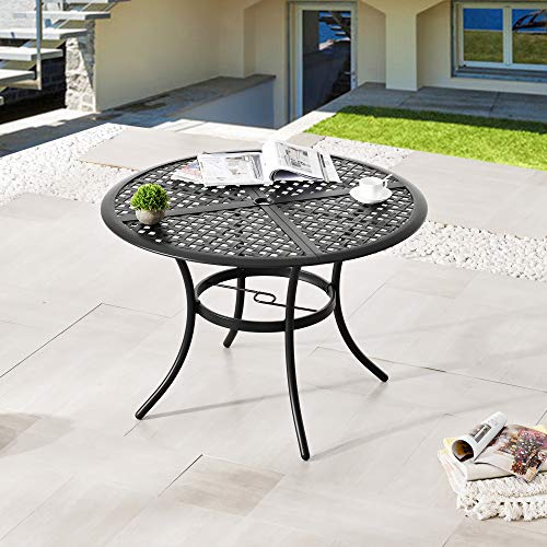 LOKATSE HOME 42.1" Outdoor Round Cast Wrought Iron Patio Metal Dining Table with Umbrella Hole, Steel Frame for Backyard Lawn Balcony Deck, Black