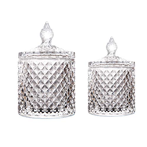 Maypink Crystal Diamond Faceted Jar with Crystal Lid,Suitable as A Candy Dish,Cookie Tin,Biscuit Barrel,Decorative Candy Jar Sugar Bowl (Crystal, Set of 2)