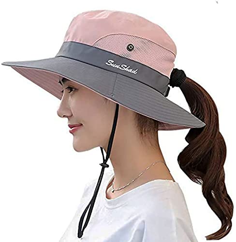 Women's Outdoor UV-Protection-Foldable Sun-Hats Mesh Wide-Brim Beach Fishing Hat with Ponytail-Hole (Pink)