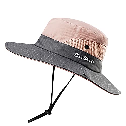 Women's Outdoor UV-Protection-Foldable Sun-Hats Mesh Wide-Brim Beach Fishing Hat with Ponytail-Hole (Pink)