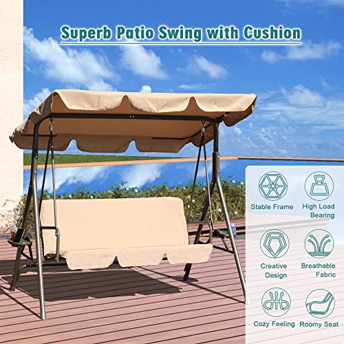 GOLDSUN 3 Person Outdoor Weather Resistant Patio Glider Swing Hammock with Utility Tray, Removable Cushion, & Canopy for Patio, Garden, or Deck, Beige
