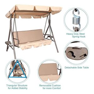 GOLDSUN 3 Person Outdoor Weather Resistant Patio Glider Swing Hammock with Utility Tray, Removable Cushion, & Canopy for Patio, Garden, or Deck, Beige