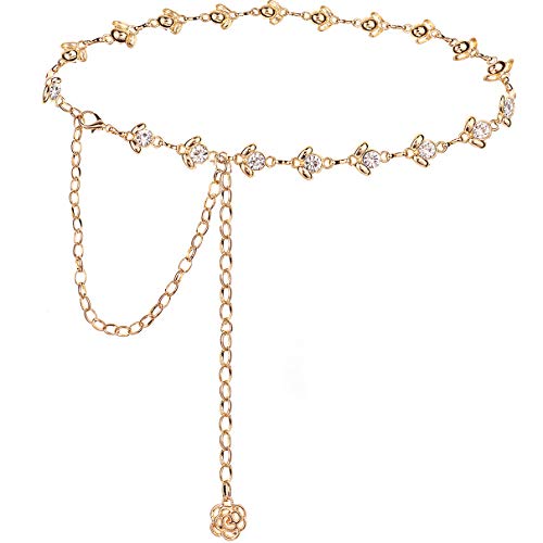 Glamorstar Chain Belt for Women Rhinestone Crystal Waist Belts for Dress Gift Gold 120CM/47.2IN