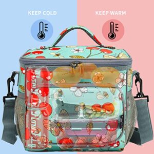 FlowFly Insulated Reusable Lunch Bag Adult Large Lunch Box for Women and Men with Adjustable Shoulder Strap,Front Zipper Pocket and Dual Large Mesh Side Pockets,Cherry