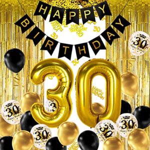 movinpe 30th black gold birthday party decoration, happy birthday banner, jumbo number 30 foil balloon, 2 fringe curtain, latex confetti balloon, table confetti for boy girl men women anniversary