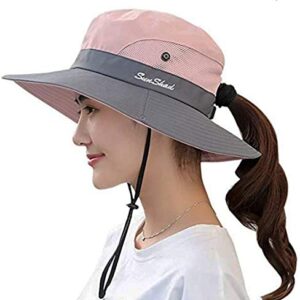 Women's Summer Sun-Hat Ponytail - UV-Protection Mesh Wide Brim Foldable Hat with Ponytail Hole (Pink, One Size)