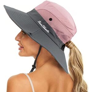 Women's Summer Sun-Hat Ponytail - UV-Protection Mesh Wide Brim Foldable Hat with Ponytail Hole (Pink, One Size)