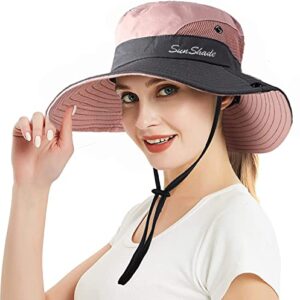 Women's Summer Sun-Hat Ponytail - UV-Protection Mesh Wide Brim Foldable Hat with Ponytail Hole (Pink, One Size)