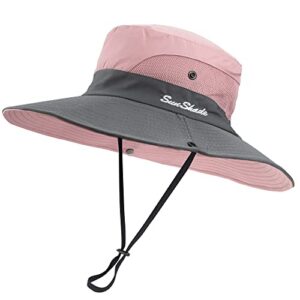 Women's Summer Sun-Hat Ponytail - UV-Protection Mesh Wide Brim Foldable Hat with Ponytail Hole (Pink, One Size)