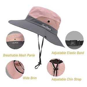 Women's Summer Sun-Hat Ponytail - UV-Protection Mesh Wide Brim Foldable Hat with Ponytail Hole (Pink, One Size)