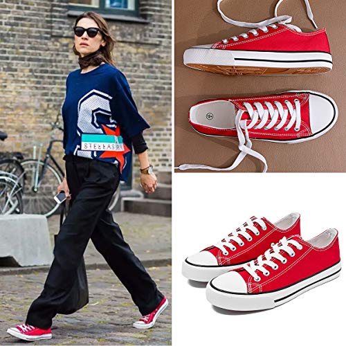 Womens Canvas Sneakers Low Top Lace Up Canvas Shoes Fashion Comfortable… (Red, US7)