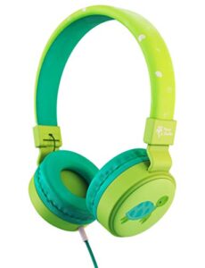 planet buddies kids headphones, wired headphones with microphone for kids, volume safe foldable on ear earphones for school, travel, phone, kindle - green turtle