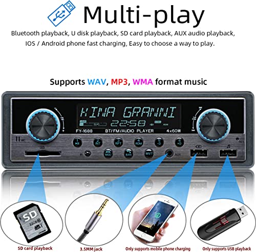 FYPLAY Dual USB Car Stereo Radio Receiver - Single Din, Bluetooth Hands Free Calling, Support USB/SD/AUX/MP3, with Clock Display LCD, Dual Knob Car Multimedia Audio Player, USB Fast Charging