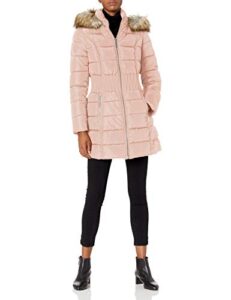 laundry by shelli segal women's 3/4 puffer jacket with zig zag cinched waist and faux fur trim hood, dusty pink, medium