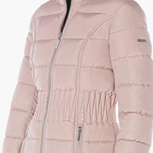 LAUNDRY BY SHELLI SEGAL Women's 3/4 Puffer Jacket with Zig Zag Cinched Waist and Faux Fur Trim Hood, Dusty Pink, Medium