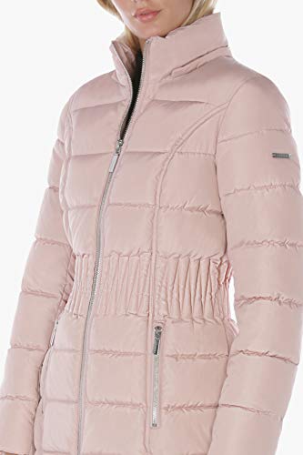 LAUNDRY BY SHELLI SEGAL Women's 3/4 Puffer Jacket with Zig Zag Cinched Waist and Faux Fur Trim Hood, Dusty Pink, Medium