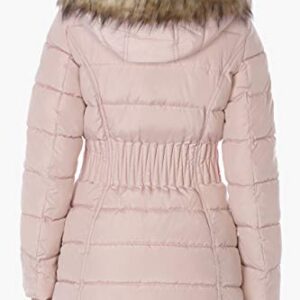 LAUNDRY BY SHELLI SEGAL Women's 3/4 Puffer Jacket with Zig Zag Cinched Waist and Faux Fur Trim Hood, Dusty Pink, Medium