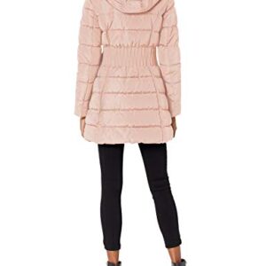LAUNDRY BY SHELLI SEGAL Women's 3/4 Puffer Jacket with Zig Zag Cinched Waist and Faux Fur Trim Hood, Dusty Pink, Medium