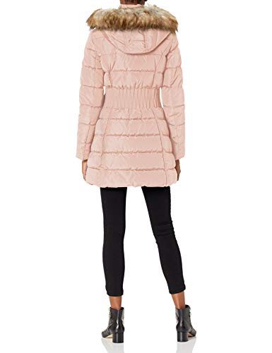 LAUNDRY BY SHELLI SEGAL Women's 3/4 Puffer Jacket with Zig Zag Cinched Waist and Faux Fur Trim Hood, Dusty Pink, Medium