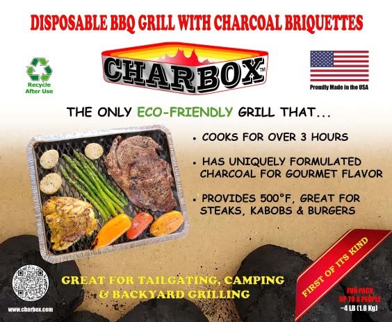 CHARBOX, Fun Pack (1-4 People) Disposable BBQ Charcoal Grill/Portable/Ready to Use/Lasts 3 Hrs!!/Recyclable/Barbecue Grill/Eco Friendly - Great for Camping,Tailgate & Backyard Parties!!!