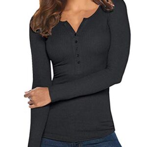 Tobrief Women's Henley Shirts Long Sleeve V Neck Ribbed Button Knit Sweater Solid Color Tops (M, Black)