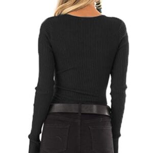 Tobrief Women's Henley Shirts Long Sleeve V Neck Ribbed Button Knit Sweater Solid Color Tops (M, Black)