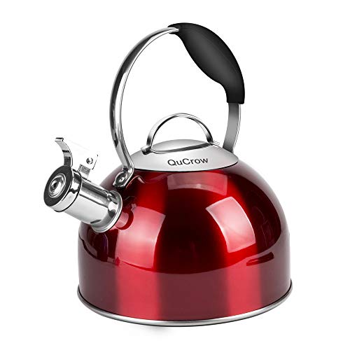 QuCrow Whistling Tea Kettle for All Stovetops, Kitchen Grade Stainless Steel Teapot with Ergonomics Handle, 2.5 Quart, Red