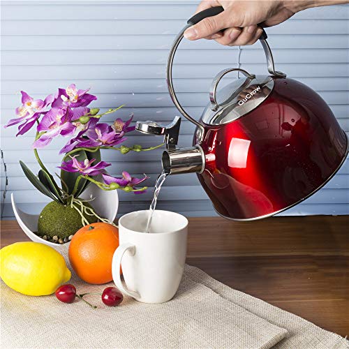 QuCrow Whistling Tea Kettle for All Stovetops, Kitchen Grade Stainless Steel Teapot with Ergonomics Handle, 2.5 Quart, Red