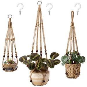 mkono 3 pack macrame plant hangers indoor different size hanging planter basket flower pot holder with beads no tassels 35"/29"/23", medium, brown