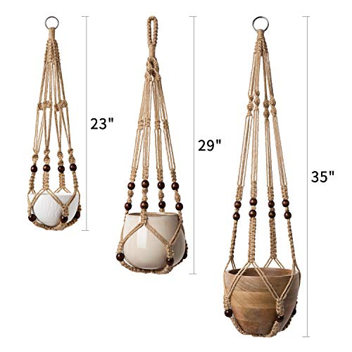 Mkono 3 Pack Macrame Plant Hangers Indoor Different Size Hanging Planter Basket Flower Pot Holder with Beads No Tassels 35"/29"/23", Medium, Brown