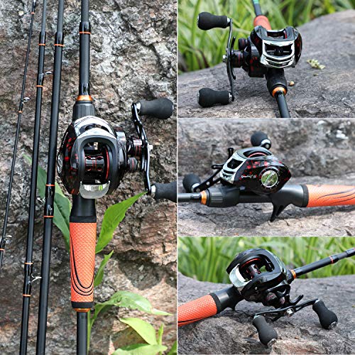 Sougayilang Ultralight Fishing Rod Reel Combos Portable Light Weight High Carbon 4 Pc Baitcaster Fishing Pole with Baitcasting Reel -1.8M Left Handed -Orange