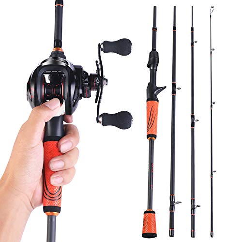 Sougayilang Ultralight Fishing Rod Reel Combos Portable Light Weight High Carbon 4 Pc Baitcaster Fishing Pole with Baitcasting Reel -1.8M Left Handed -Orange