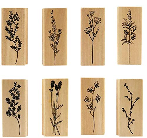 Yansanido Pack of 8 Pcs Plant and Flower Shape Wooden Rubber Stamps 2.5 Inch x 1 Inch x 0.6 Inch for DIY Craft Card and Photo Album (8Pcs Plant & Flower-02)
