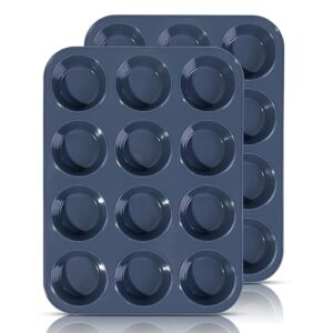 vnray 2 pack silicone muffin baking pan & cupcake tray 12 cup - nonstick cake molds/tin, silicon bakeware, bpa free, dishwasher & microwave safe (12 cup size, grey)