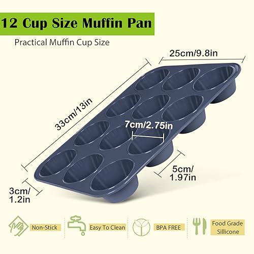 Vnray 2 Pack Silicone Muffin Baking Pan & Cupcake Tray 12 Cup - Nonstick Cake Molds/Tin, Silicon Bakeware, BPA Free, Dishwasher & Microwave Safe (12 Cup Size, Grey)