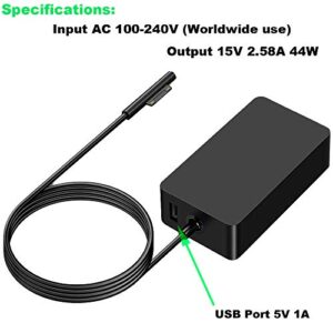 Surface Charger, 44W 15V 2.58A Power Supply AC Adapter Charger for Microsoft Surface Pro 3/4/5/6/7, Surface Laptop 3/2/1, Surface Go/Book, with 6ft Power Cord