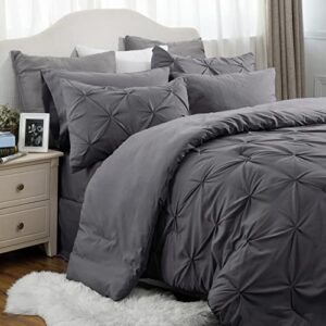 bedsure king size comforter set - bedding set king 7 pieces, pintuck bed in a bag dark grey bed set with comforter, sheets, pillowcases & shams
