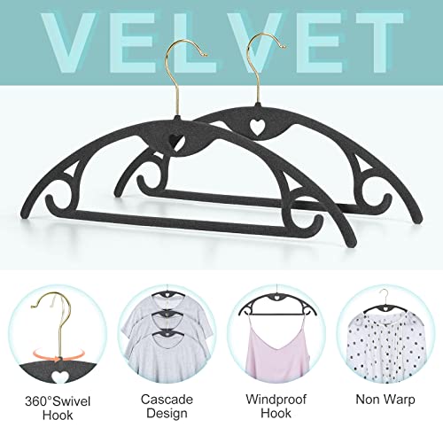 Velvet Clothes Hangers, ESEOE 50 Pack No Shoulder Bumps Suit Hangers with Swivel Hook, Ultra Thin Space Saving, Wide for Coat, Sweaters, Jackets, Shirt, Pants, Dresses (Dark Grey with Gold Hook)