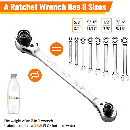 AKM 8 In 1 Ratcheting Wrench, Double Box End Ratchet Wrench, 12 Point Ratchet | SAE | CR-V | Including 5/16" 3/8" 7/16" 1/2" 9/16" 5/8" 11/16" 3/4"